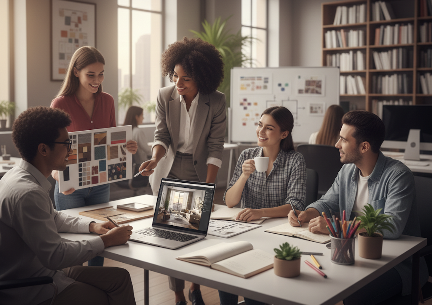 Illustration of a student sketching wireframes on paper and creating a digital prototype on a laptop.