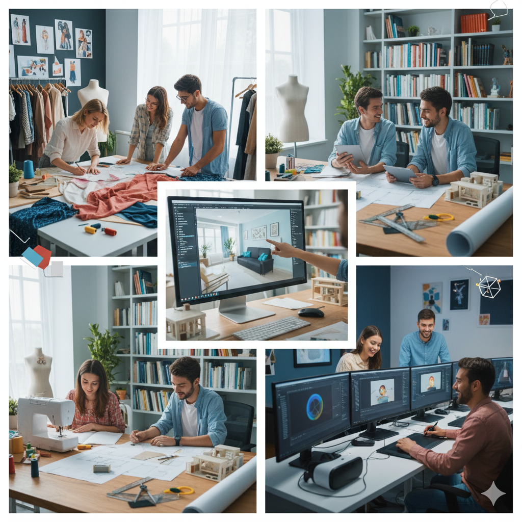 A group of diverse students collaborating on a creative project