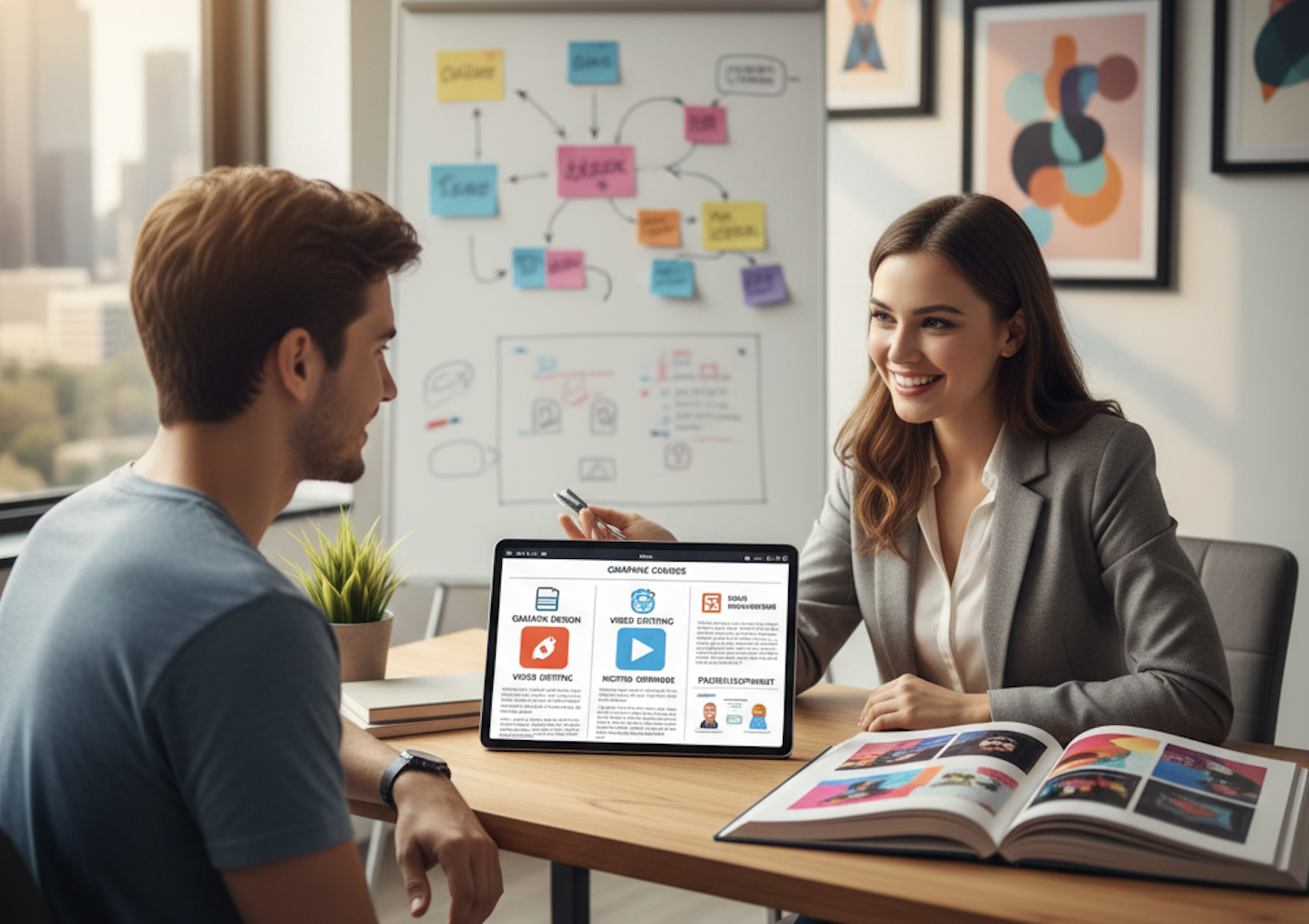 A confident student presenting a UI/UX portfolio on a large screen to mentors.