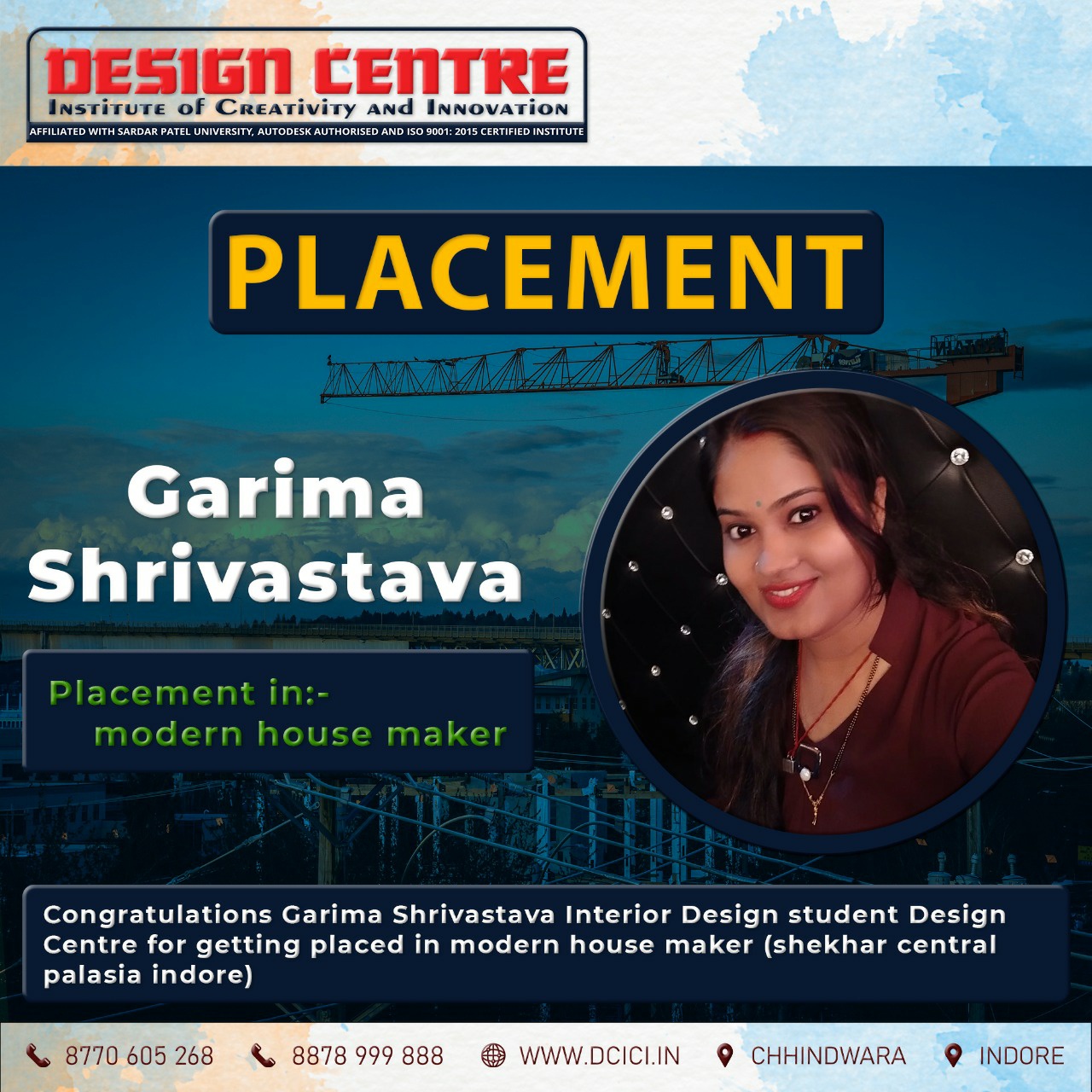 Garima Shrivastava Placed in Modern house Maker Indore