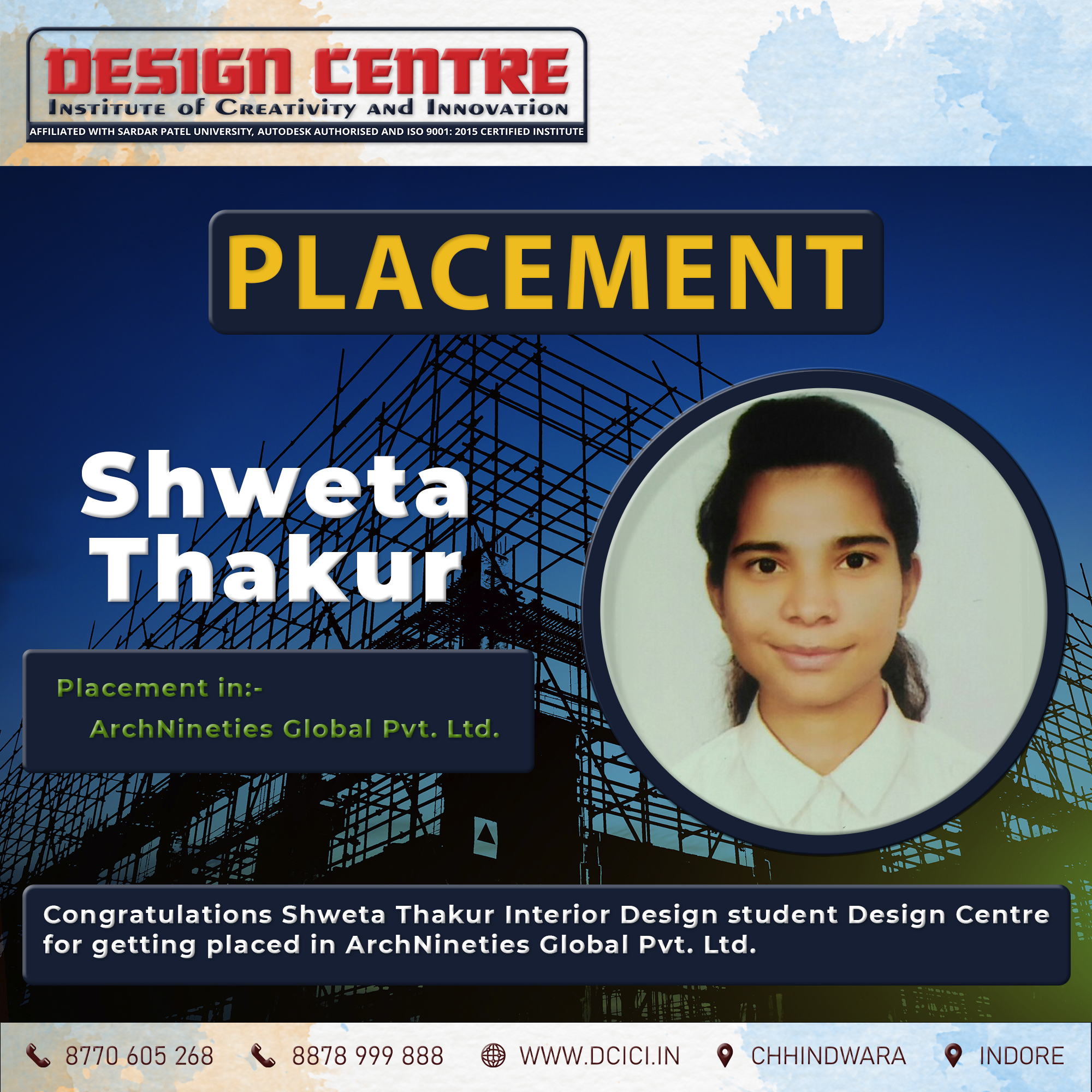 Shweta Thakur design centre interior design student got placement in archnineties global pvt, ltd.